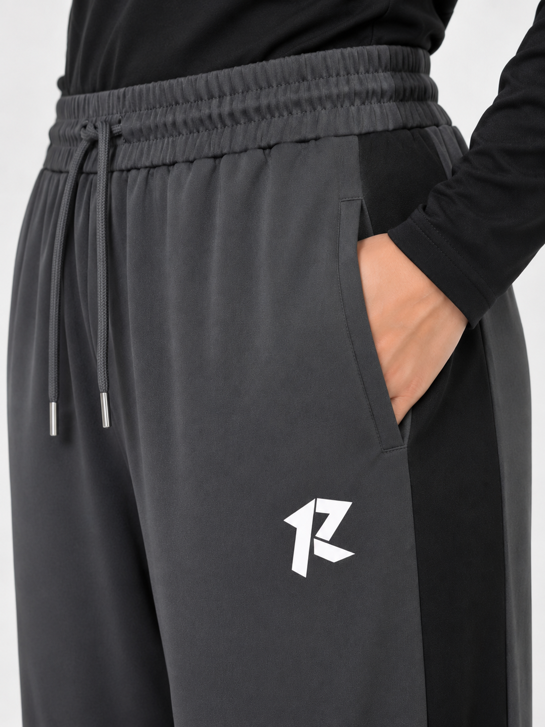 Women Wide Leg Loose Bottom Trouser - Dark Grey with Black