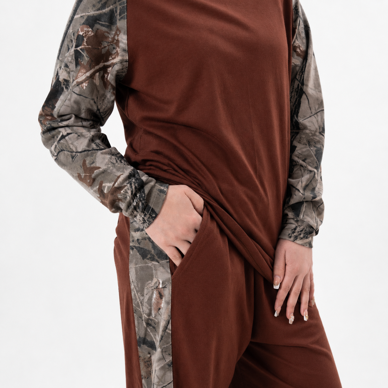 Women Co-ord Set - Raglan Sleeve Shirt with Loose Trouser - Brown