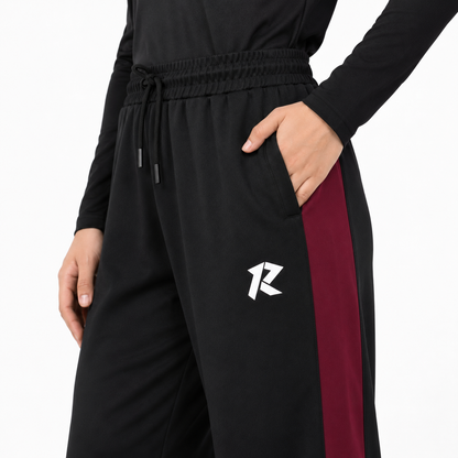 Women Wide Leg Loose Bottom Trouser - Black with Maroon