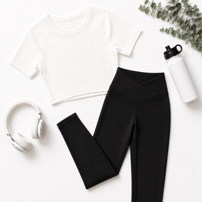 Women Basic Cross Belt Performance Leggings - Black