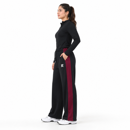 Women Wide Leg Loose Bottom Trouser - Black with Maroon