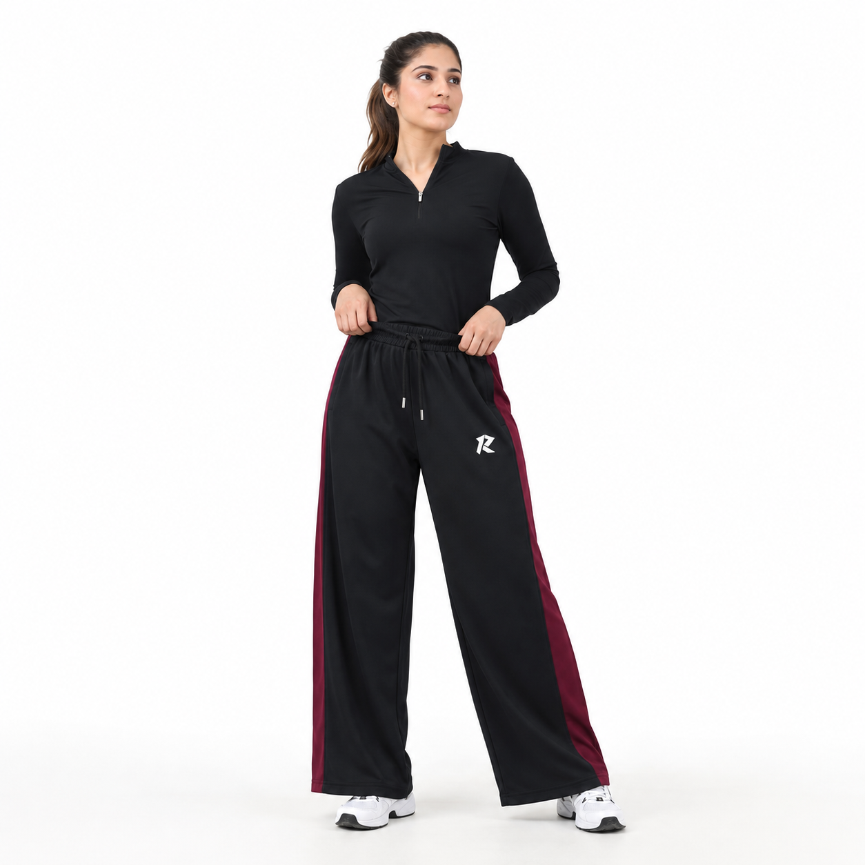 Women Wide Leg Loose Bottom Trouser - Black with Maroon