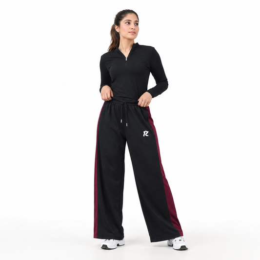 Women Wide Leg Loose Bottom Trouser - Black with Maroon