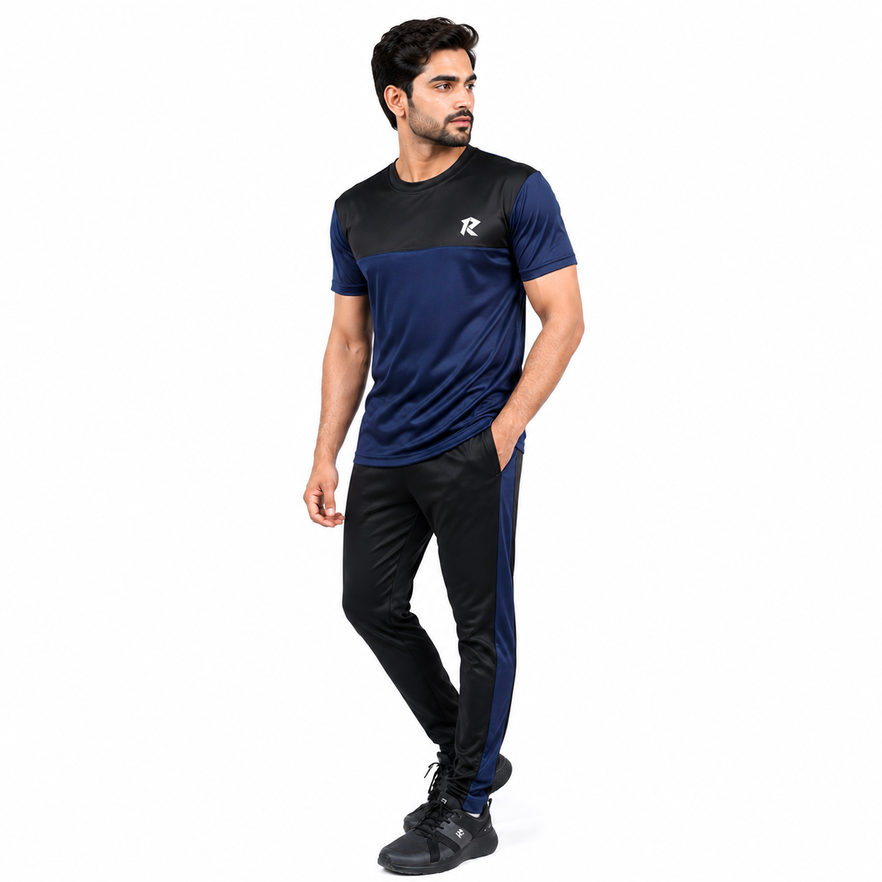 Summer Drifit Panel Tracksuit - Black & Navy Blue