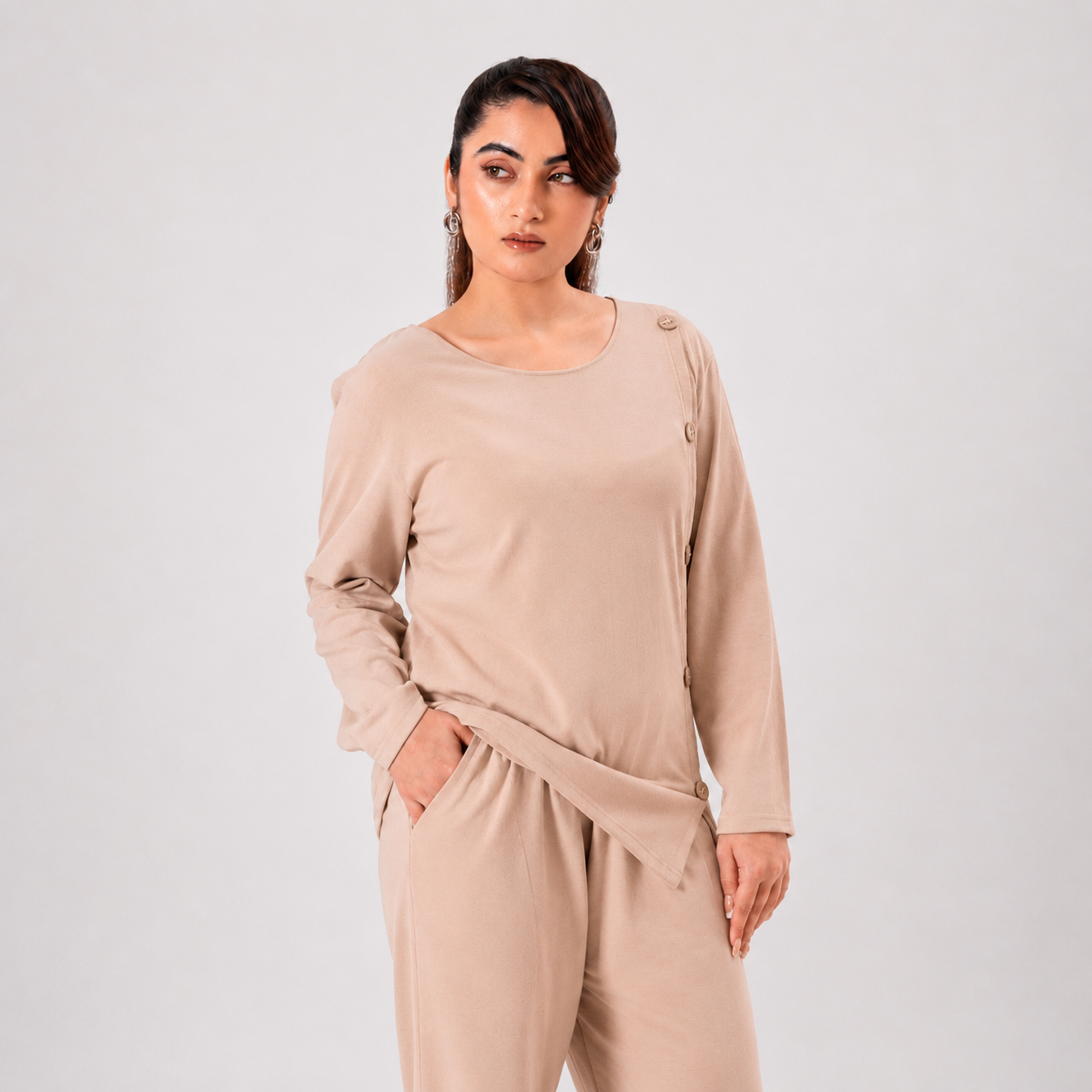 Women Co-ord Set - Button Down Shirt with Loose Trouser - Beige