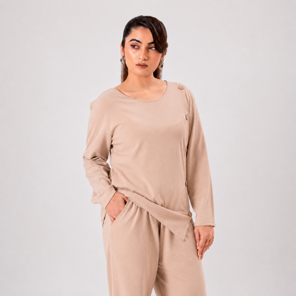 Women Co-ord Set - Button Down Shirt with Loose Trouser - Beige