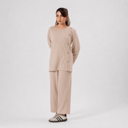 Women Co-ord Set - Button Down Shirt with Loose Trouser - Beige