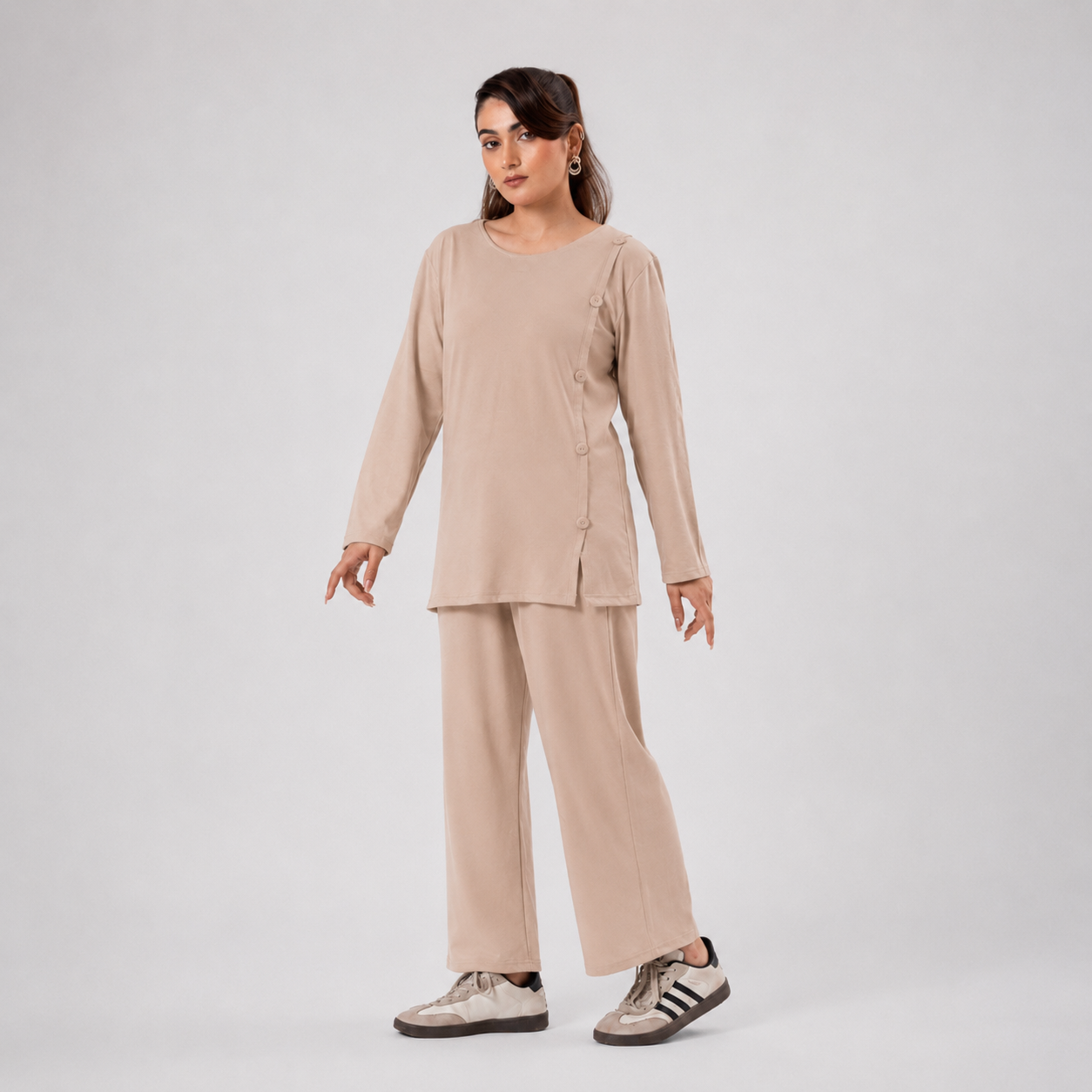 Women Co-ord Set - Button Down Shirt with Loose Trouser - Beige