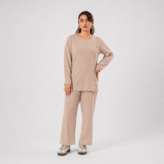 Women Co-ord Set - Button Down Shirt with Loose Trouser - Beige