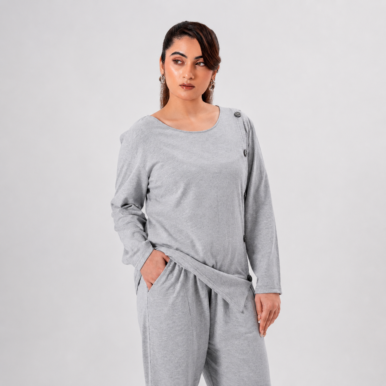 Women Co-ord Set - Button Down Shirt with Loose Trouser - Grey