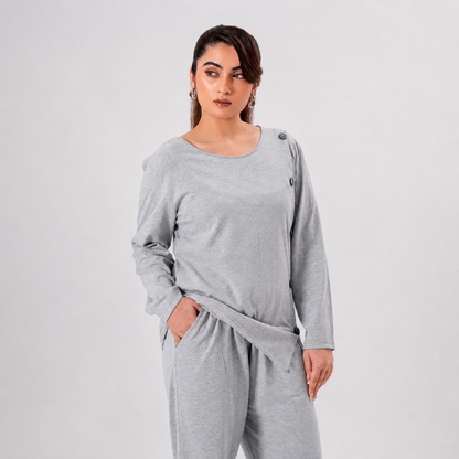 Women Co-ord Set - Button Down Shirt with Loose Trouser - Grey