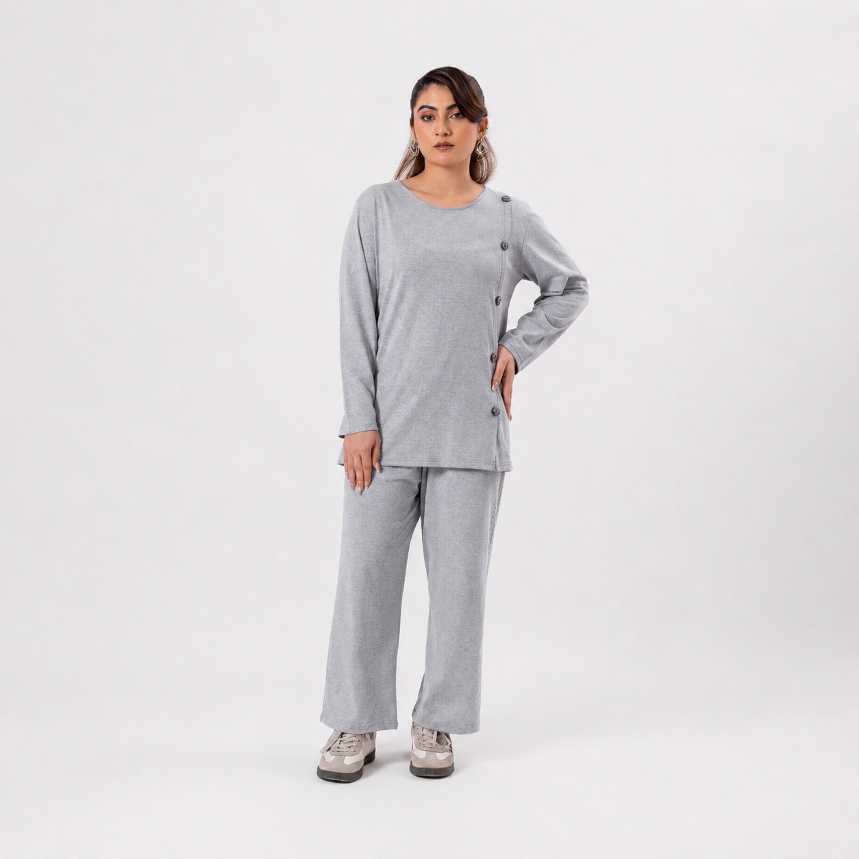 Women Co-ord Set - Button Down Shirt with Loose Trouser - Grey