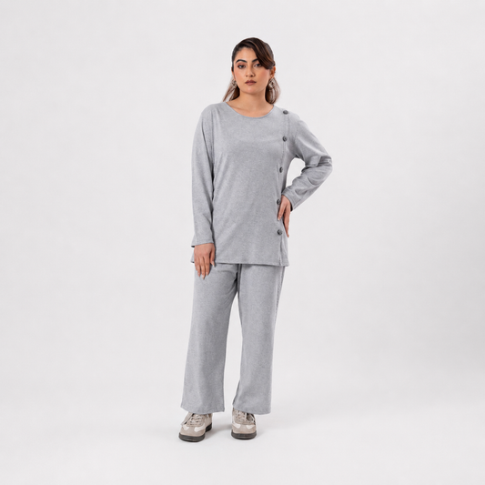 Women Co-ord Set - Button Down Shirt with Loose Trouser - Grey