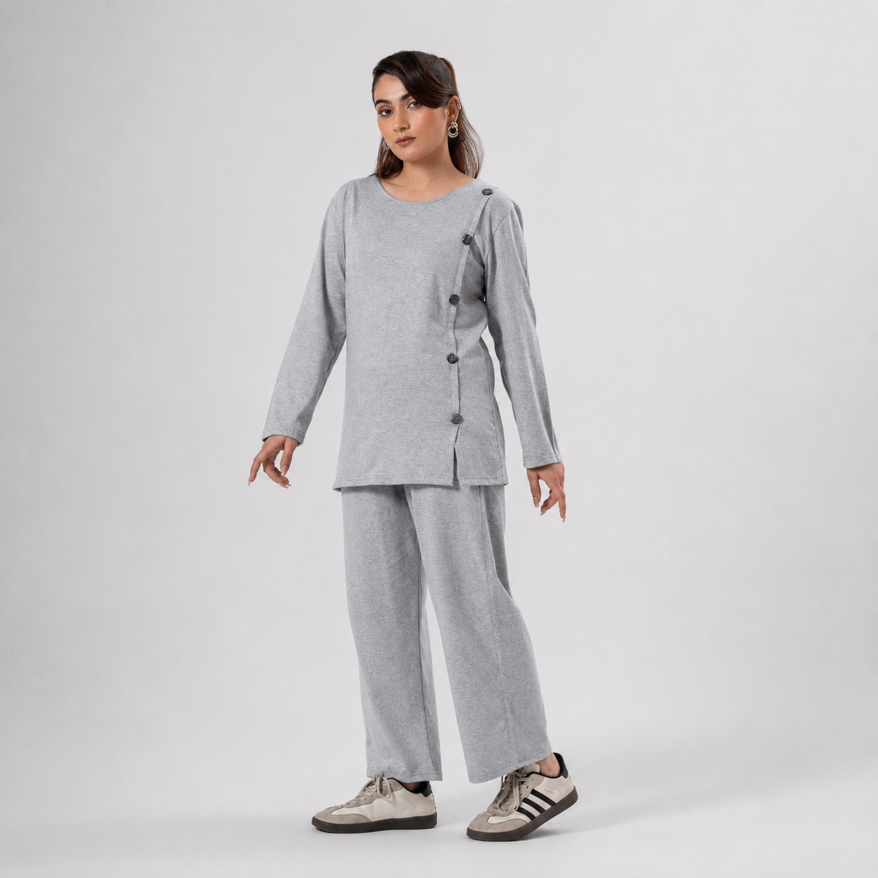 Women Co-ord Set - Button Down Shirt with Loose Trouser - Grey