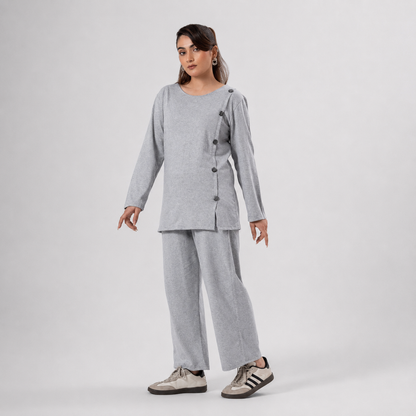 Women Co-ord Set - Button Down Shirt with Loose Trouser - Grey