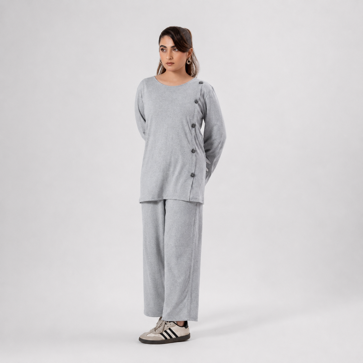 Women Co-ord Set - Button Down Shirt with Loose Trouser - Grey