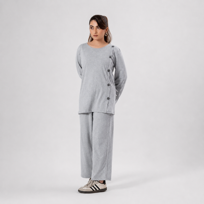 Women Co-ord Set - Button Down Shirt with Loose Trouser - Grey
