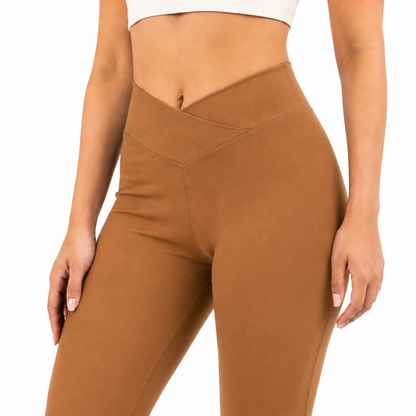 Women Basic Cross Belt Performance Leggings - Coffee Brown