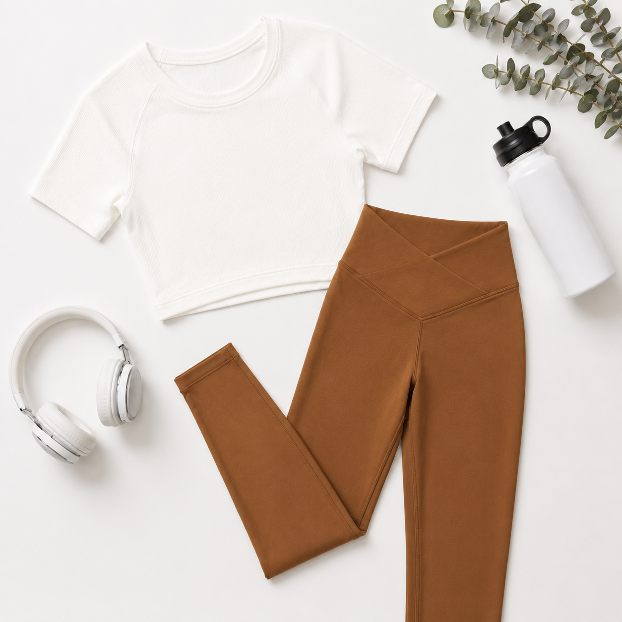 Women Basic Cross Belt Performance Leggings - Coffee Brown