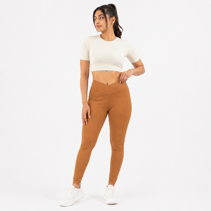 Women Basic Cross Belt Performance Leggings - Coffee Brown