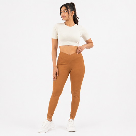 Women Basic Cross Belt Performance Leggings - Coffee Brown