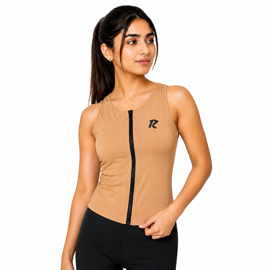 Women Sleeveless Performance Zipper Top - Caramel
