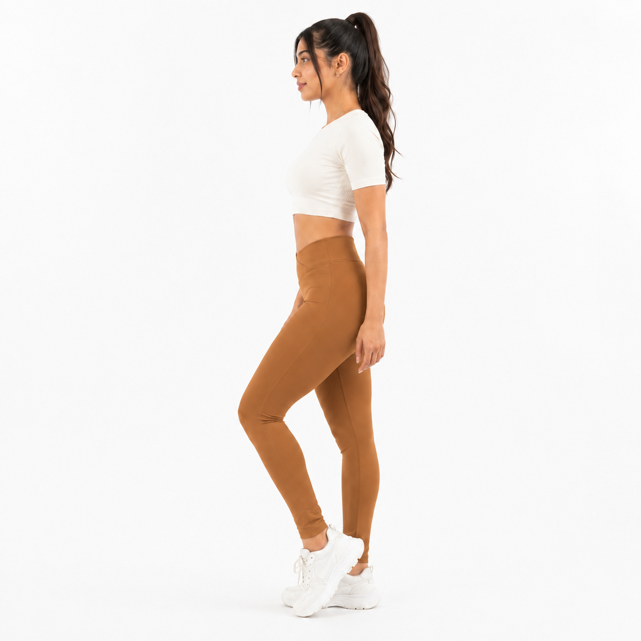 Women Basic Cross Belt Performance Leggings - Coffee Brown