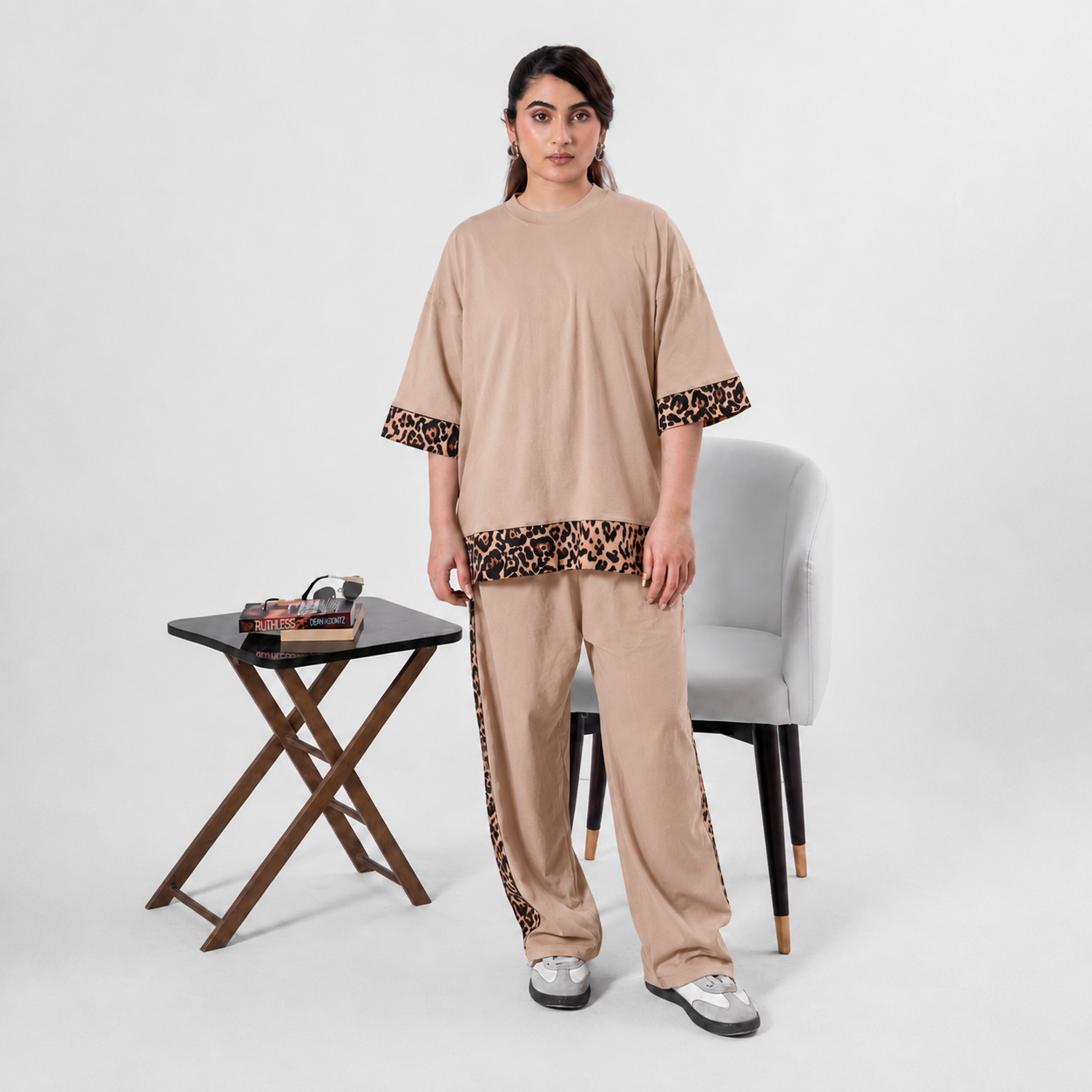 Women Co-ord Set - Oversized Shirt + Loose Trouser - Beige
