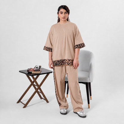 Women Co-ord Set - Oversized Shirt + Loose Trouser - Beige