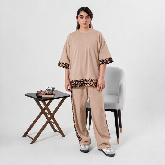 Women Co-ord Set - Oversized Shirt + Loose Trouser - Beige