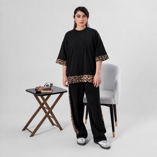 Women Co-ord Set - Oversized Shirt + Loose Trouser - Black