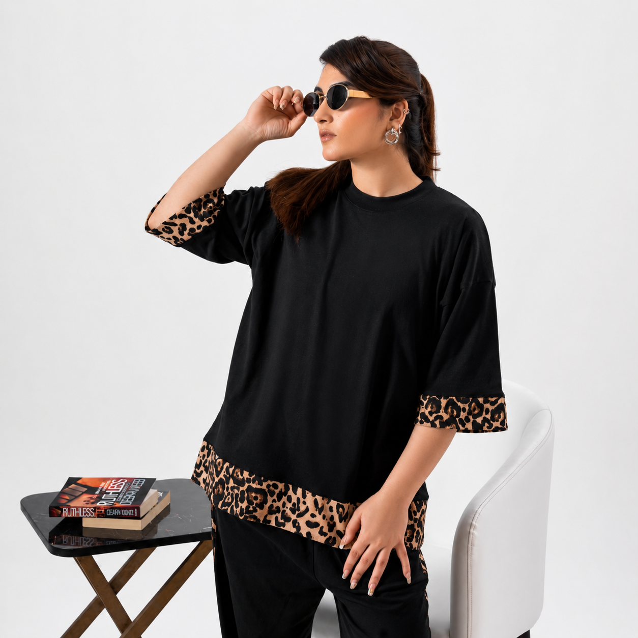 Women Co-ord Set - Oversized Shirt + Loose Trouser - Black