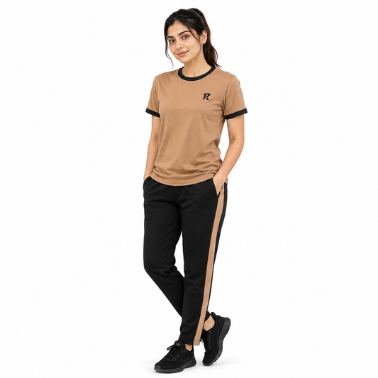 Summer Tracksuit Ribbed Sleeves - Fawn & Black
