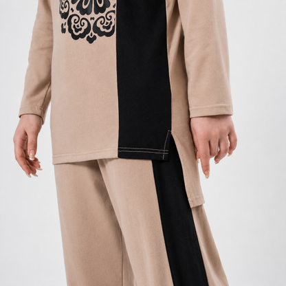 Women Co-ord Set - Flower Print Shirt with Loose Trouser - Beige