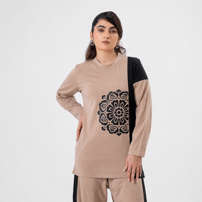 Women Co-ord Set - Flower Print Shirt with Loose Trouser - Beige