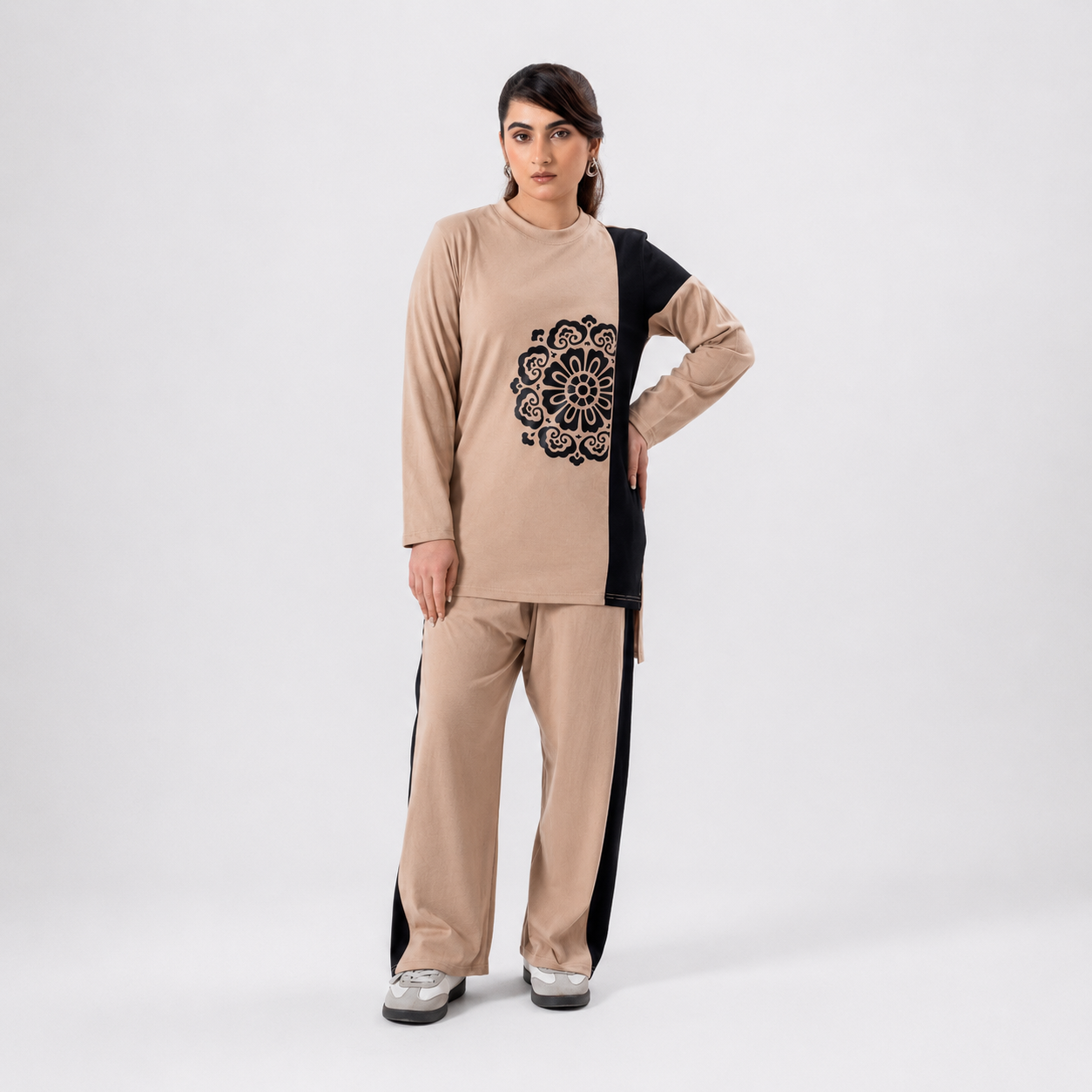 Women Co-ord Set - Flower Print Shirt with Loose Trouser - Beige