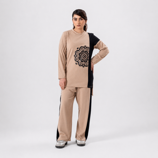Women Co-ord Set - Flower Print Shirt with Loose Trouser - Beige
