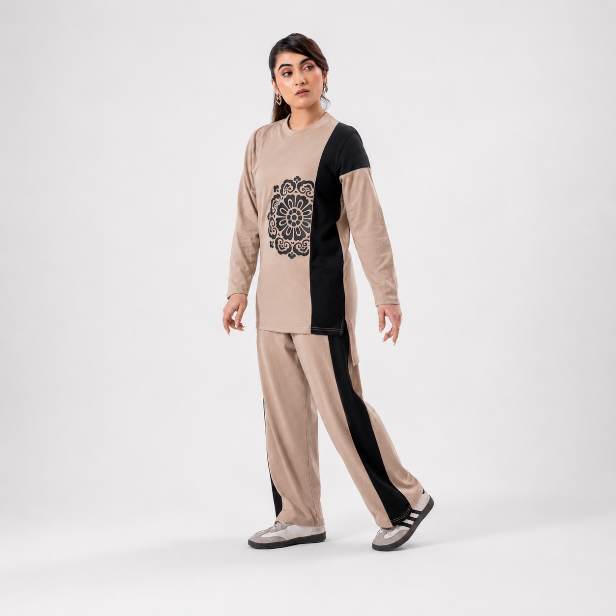 Women Co-ord Set - Flower Print Shirt with Loose Trouser - Beige