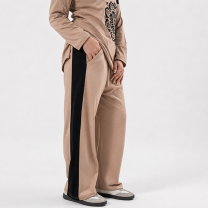 Women Co-ord Set - Flower Print Shirt with Loose Trouser - Beige