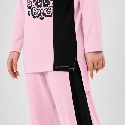 Women Co-ord Set - Flower Print Shirt with Loose Trouser - Pink