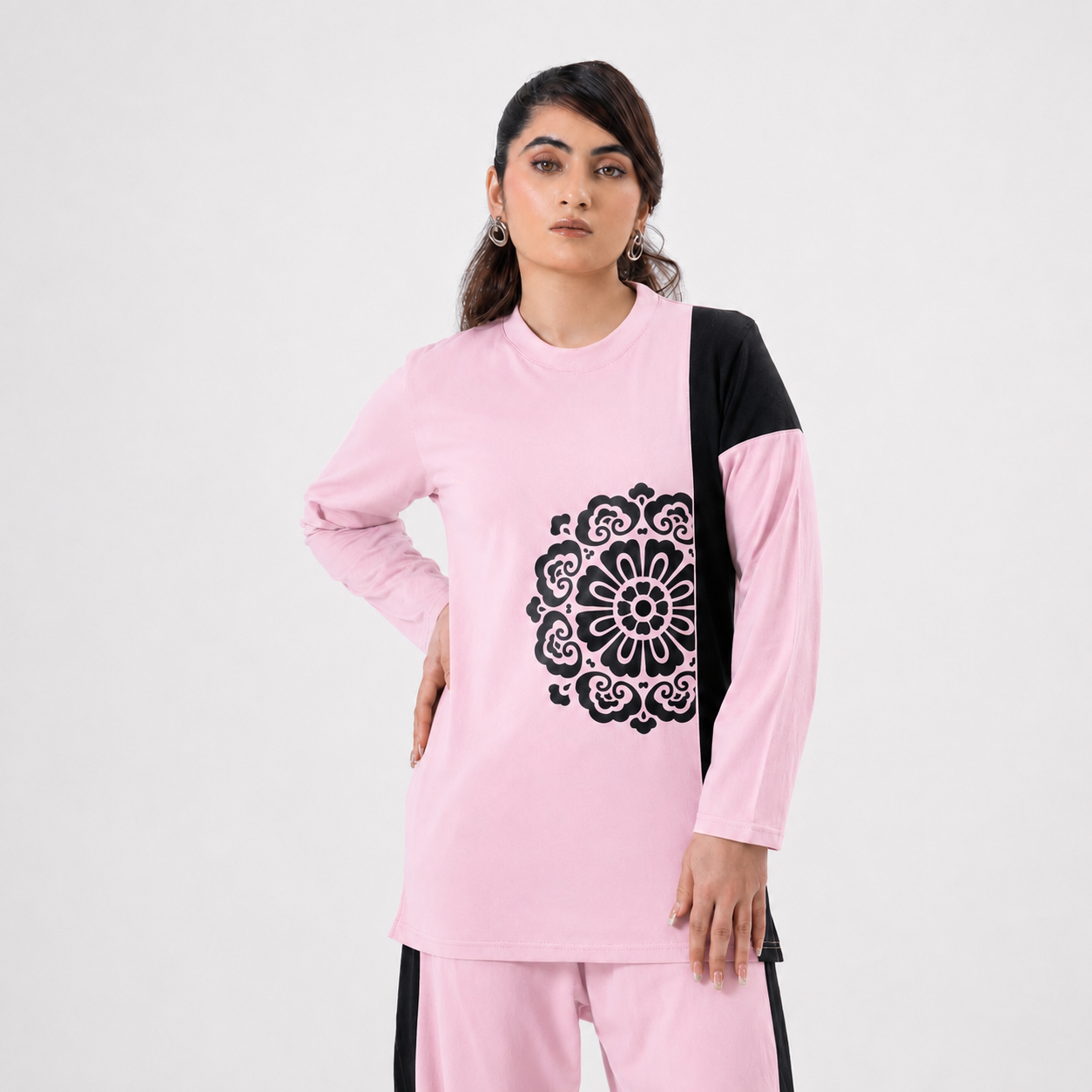 Women Co-ord Set - Flower Print Shirt with Loose Trouser - Pink