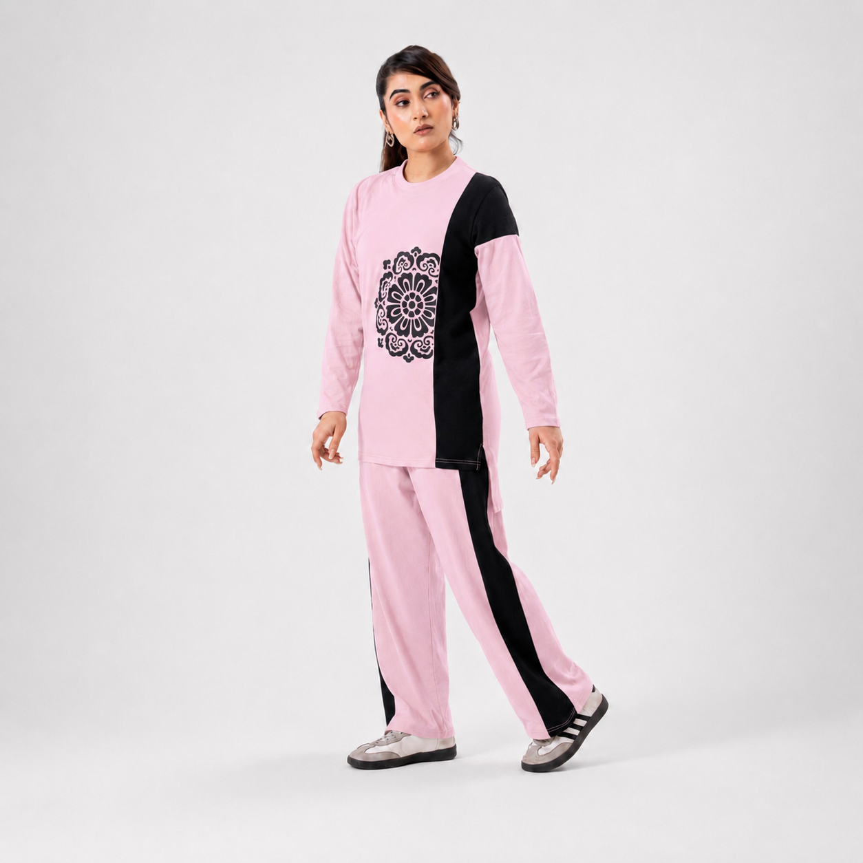 Women Co-ord Set - Flower Print Shirt with Loose Trouser - Pink