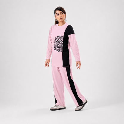 Women Co-ord Set - Flower Print Shirt with Loose Trouser - Pink