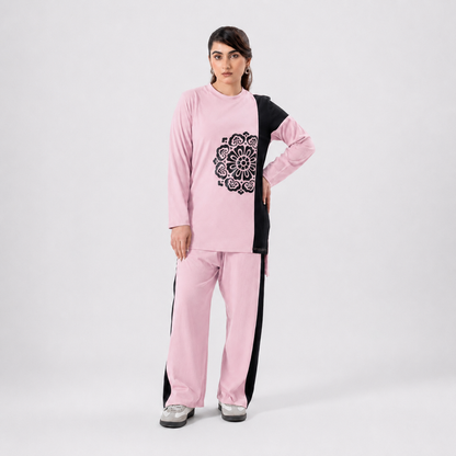 Women Co-ord Set - Flower Print Shirt with Loose Trouser - Pink