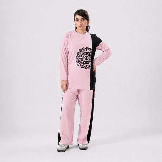 Women Co-ord Set - Flower Print Shirt with Loose Trouser - Pink
