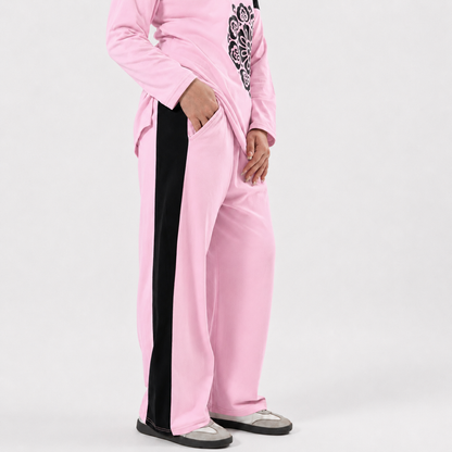 Women Co-ord Set - Flower Print Shirt with Loose Trouser - Pink