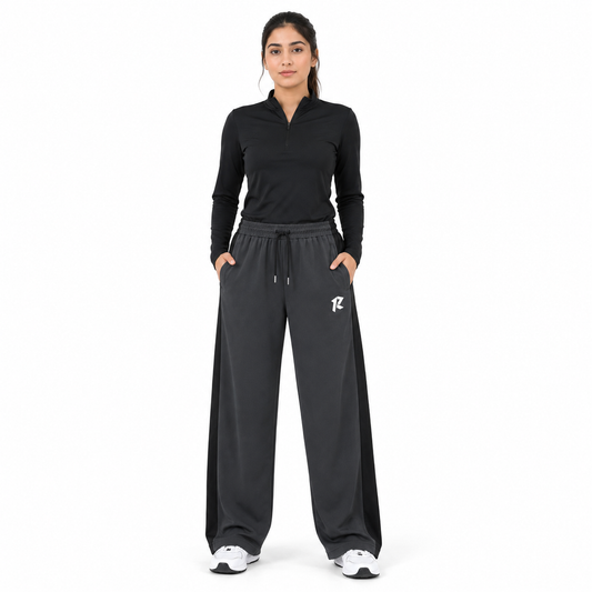 Women Wide Leg Loose Bottom Trouser - Dark Grey with Black