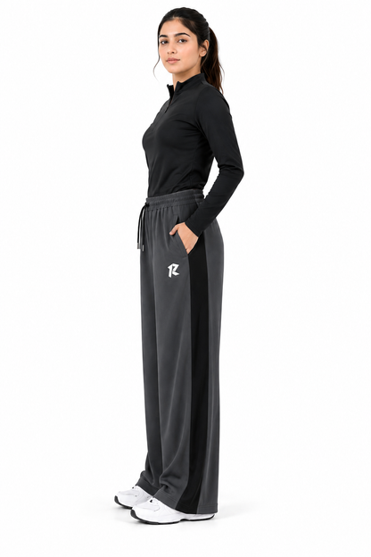 Women Wide Leg Loose Bottom Trouser - Dark Grey with Black