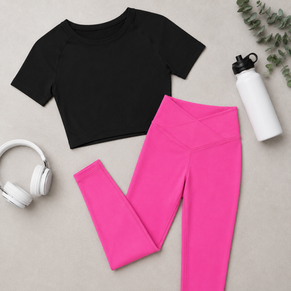 Women Basic Cross Belt Performance Leggings - Hot Pink
