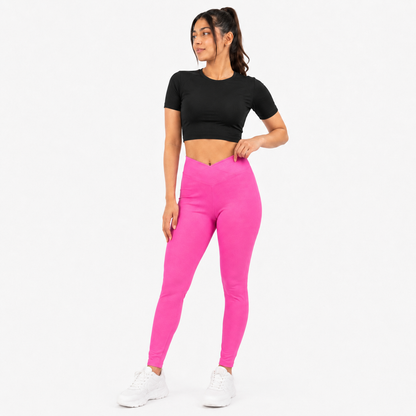 Women Basic Cross Belt Performance Leggings - Hot Pink